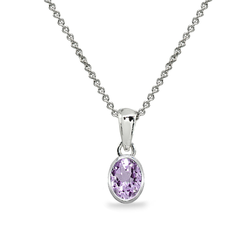 Sterling Silver Amethyst 8x6mm Oval-Cut Bezel-Set Dainty Pendant Necklace