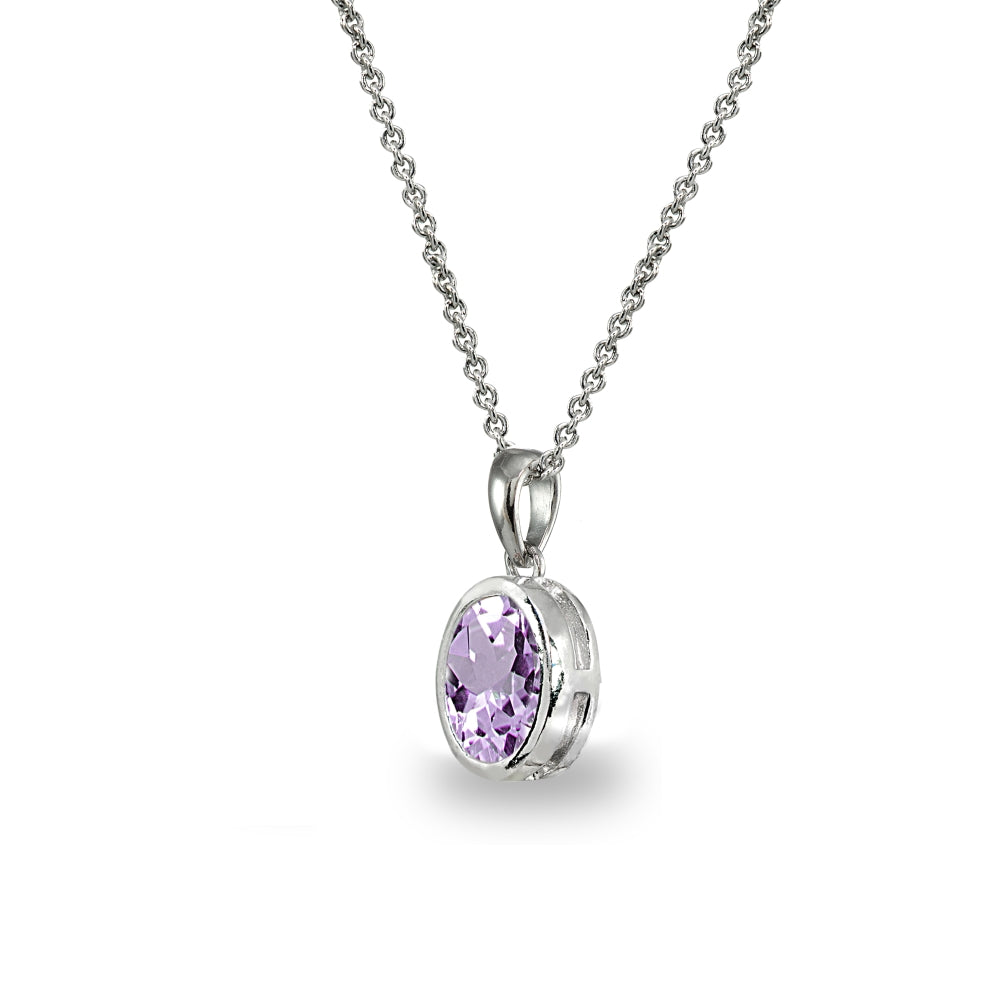 Sterling Silver Amethyst 8x6mm Oval-Cut Bezel-Set Dainty Pendant Necklace-2