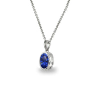 Sterling Silver Created Blue Sapphire 8x6mm Oval-Cut Bezel-Set Dainty Pendant Necklace