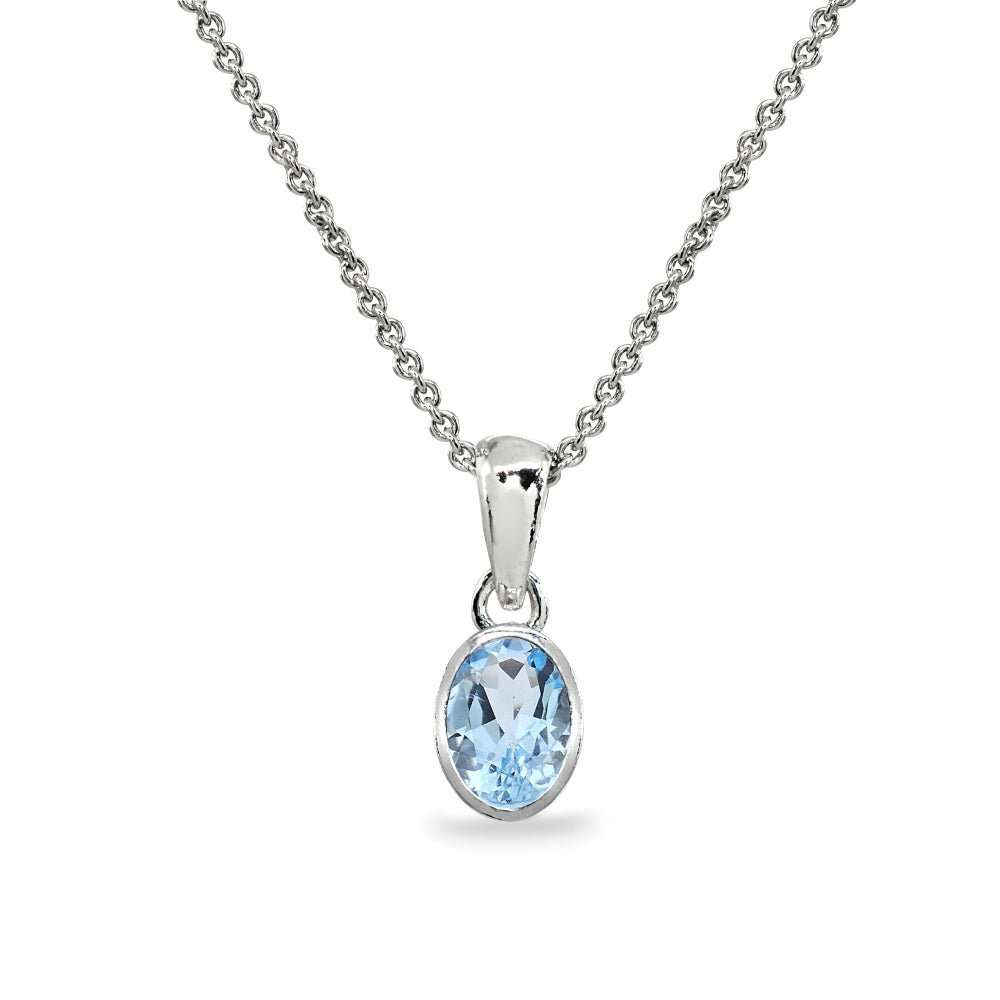 Sterling Silver Blue Topaz 8x6mm Oval-Cut Bezel-Set Dainty Pendant Necklace