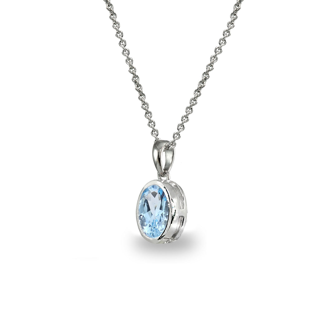 Sterling Silver Blue Topaz 8x6mm Oval-Cut Bezel-Set Dainty Pendant Necklace-2