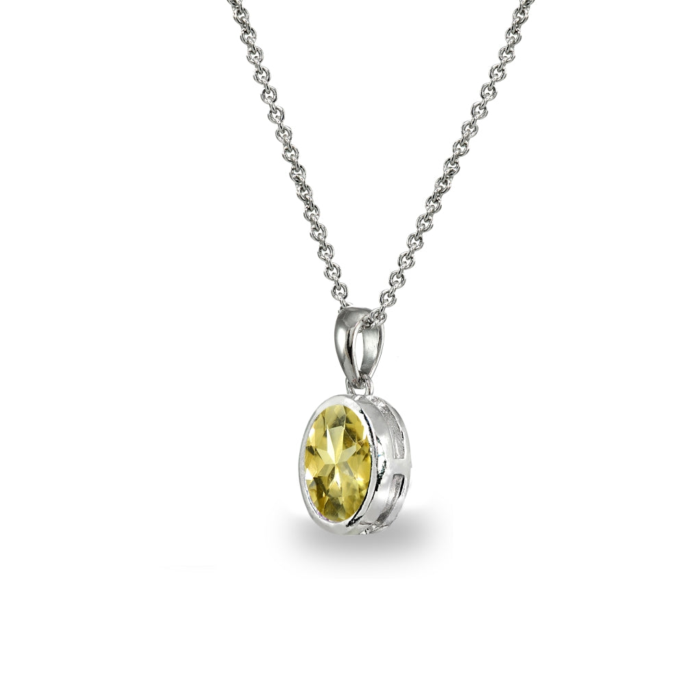 Sterling Silver Citrine 8x6mm Oval-Cut Bezel-Set Dainty Pendant Necklace-2