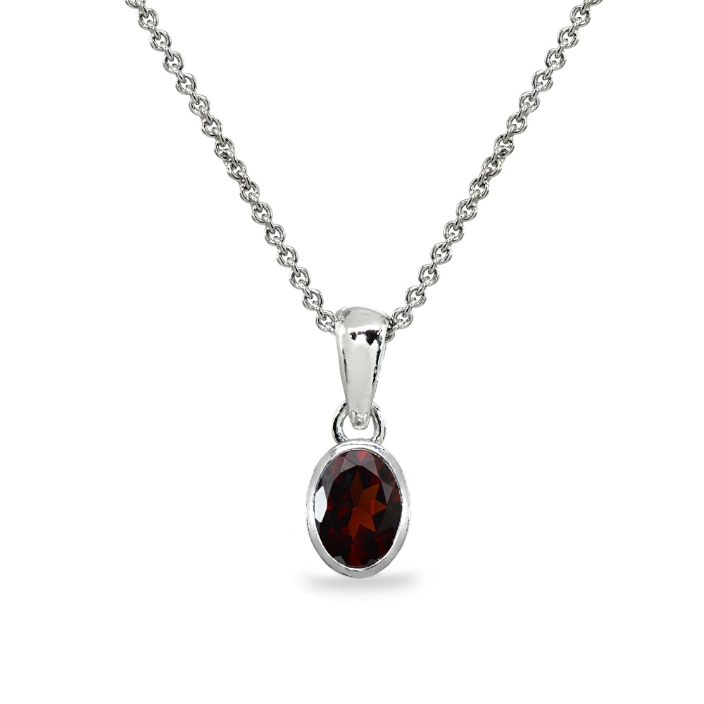 Sterling Silver Garnet 8x6mm Oval-Cut Bezel-Set Dainty Pendant Necklace