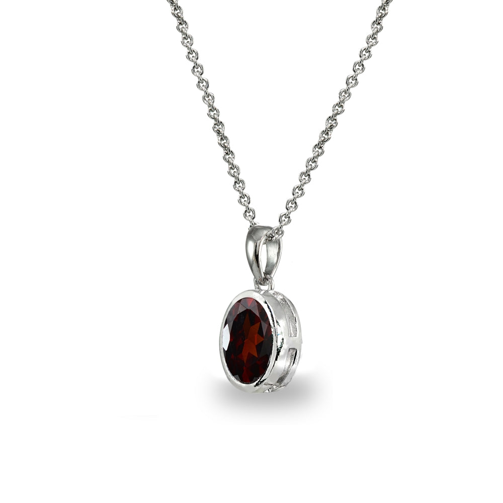 Sterling Silver Garnet 8x6mm Oval-Cut Bezel-Set Dainty Pendant Necklace-2