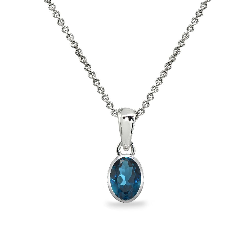 Sterling Silver London Blue Topaz 8x6mm Oval-Cut Bezel-Set Dainty Pendant Necklace