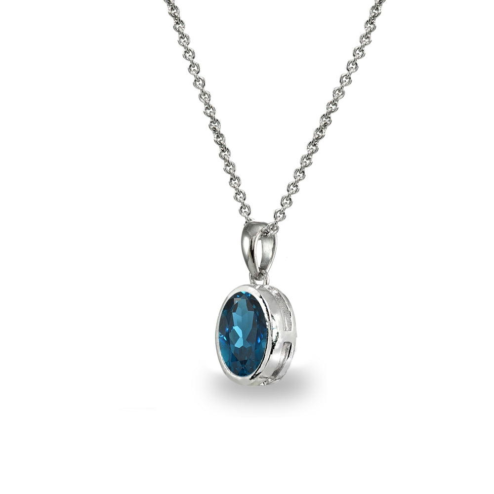 Sterling Silver London Blue Topaz 8x6mm Oval-Cut Bezel-Set Dainty Pendant Necklace-2