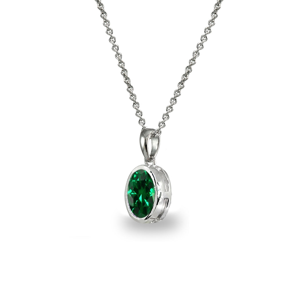 Sterling Silver Simulated Emerald 8x6mm Oval-Cut Bezel-Set Dainty Pendant Necklace-2