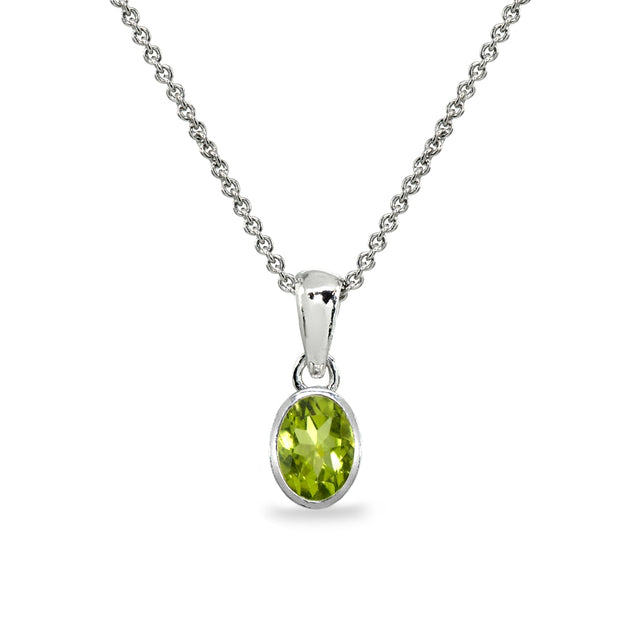 Sterling Silver Peridot 8x6mm Oval-Cut Bezel-Set Dainty Pendant Necklace