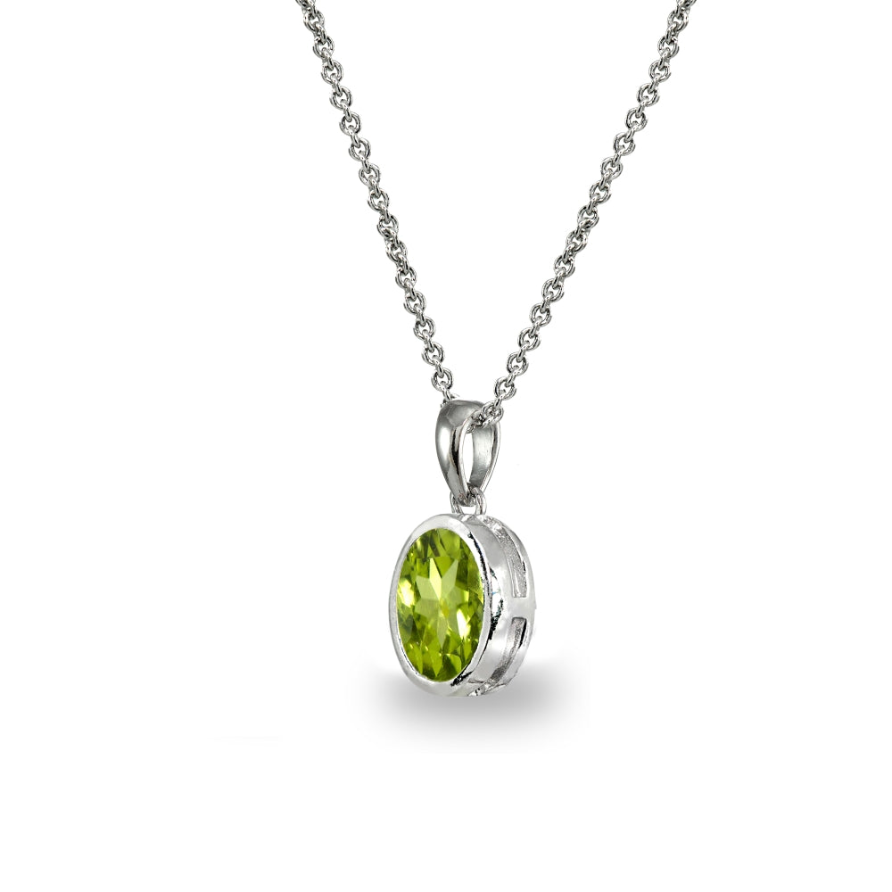 Sterling Silver Peridot 8x6mm Oval-Cut Bezel-Set Dainty Pendant Necklace-2
