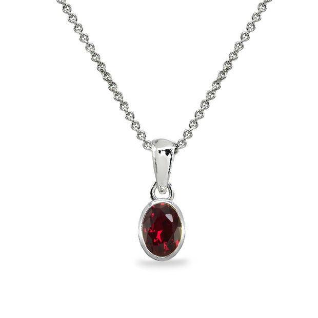 Sterling Silver Created Ruby 8x6mm Oval-Cut Bezel-Set Dainty Pendant Necklace