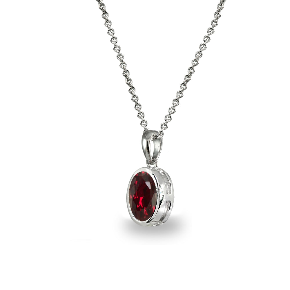 Sterling Silver Created Ruby 8x6mm Oval-Cut Bezel-Set Dainty Pendant Necklace-2