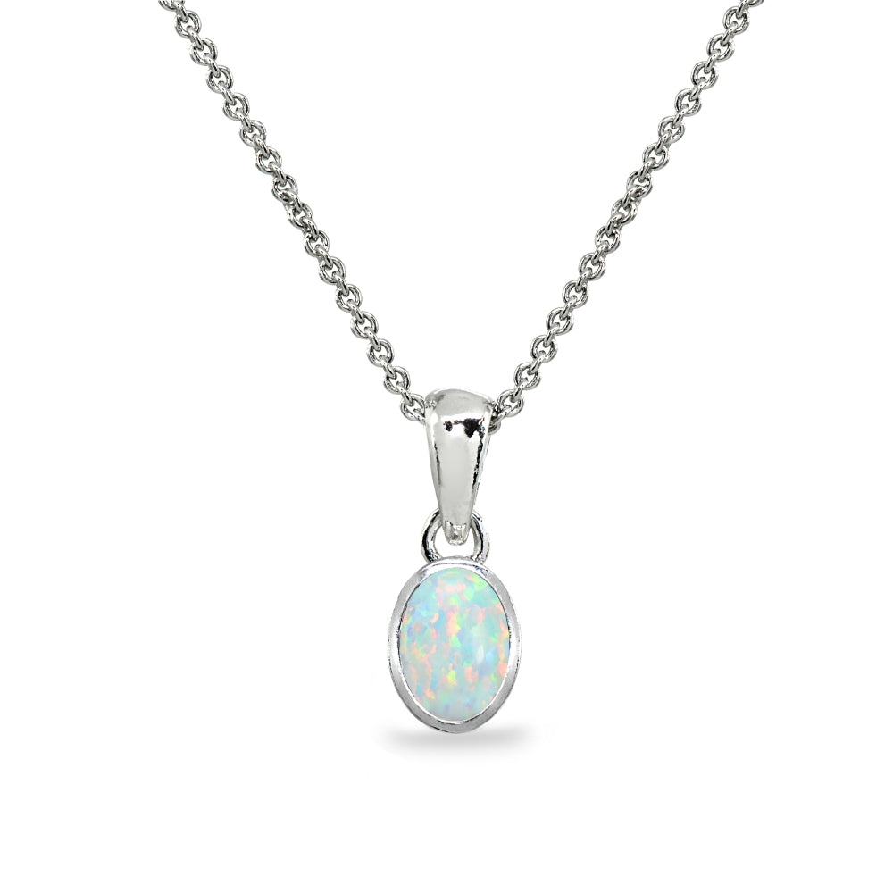 Sterling Silver Created White Opal 8x6mm Oval-Cut Bezel-Set Dainty Pendant Necklace