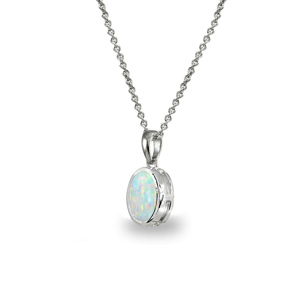 Sterling Silver Created White Opal 8x6mm Oval-Cut Bezel-Set Dainty Pendant Necklace-2