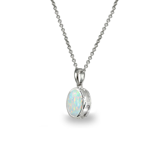 Sterling Silver Created White Opal 8x6mm Oval-Cut Bezel-Set Dainty Pendant Necklace