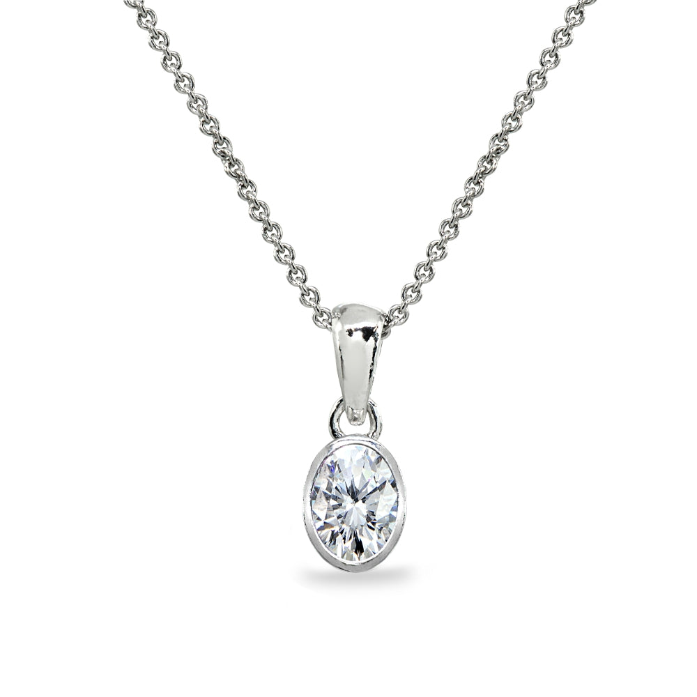 Sterling Silver Cubic Zirconia 8x6mm Oval-Cut Bezel-Set Dainty Pendant Necklace