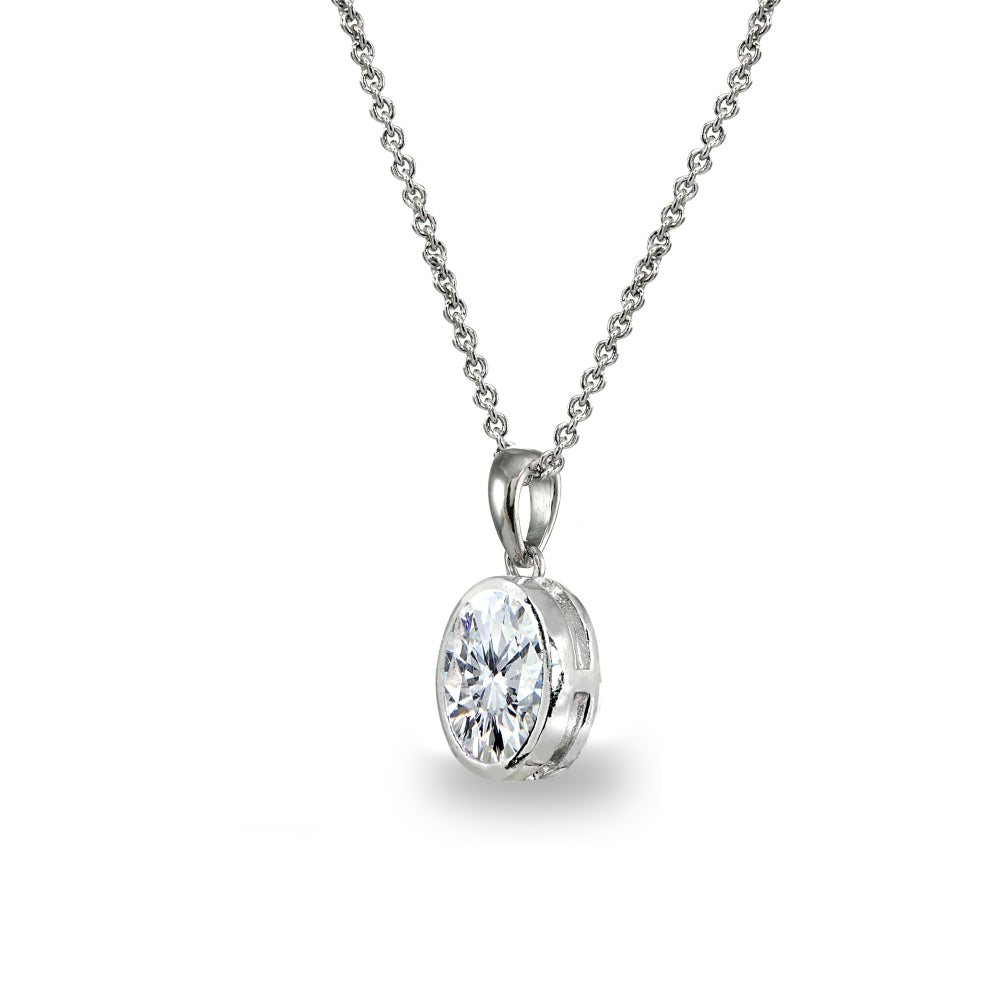 Sterling Silver Cubic Zirconia 8x6mm Oval-Cut Bezel-Set Dainty Pendant Necklace-2