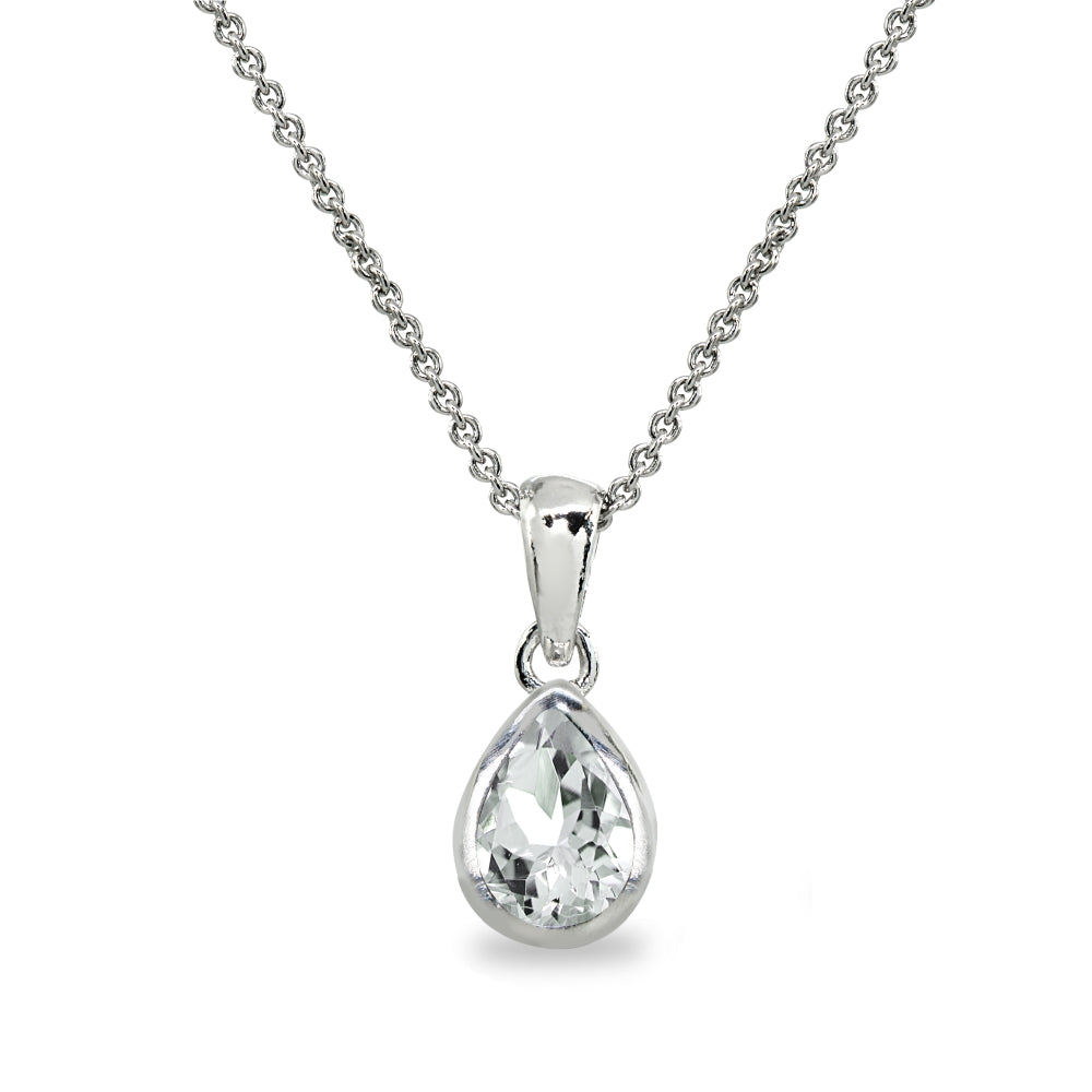 Sterling Silver Light Aquamarine 8x6mm Teardrop Bezel-Set Dainty Pendant Necklace