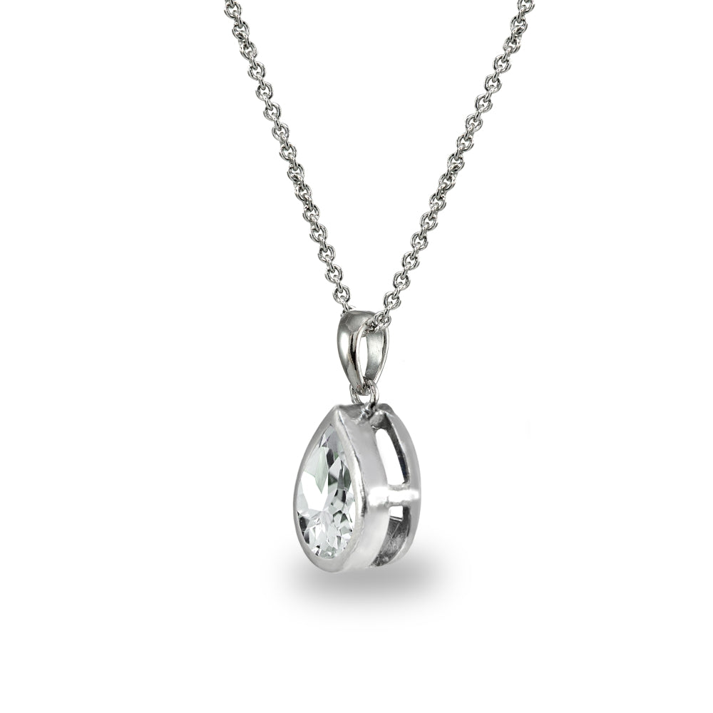 Sterling Silver Light Aquamarine 8x6mm Teardrop Bezel-Set Dainty Pendant Necklace-2
