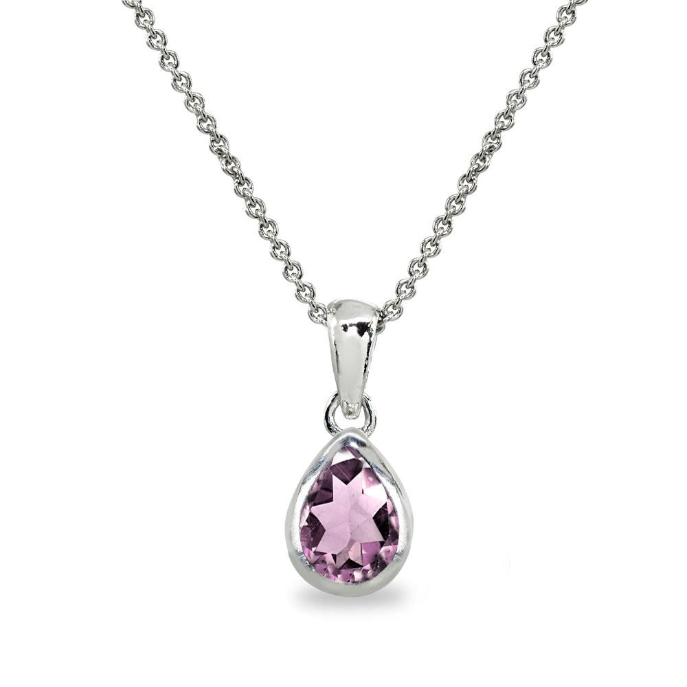Sterling Silver Created Alexandrite 8x6mm Teardrop Bezel-Set Dainty Pendant Necklace