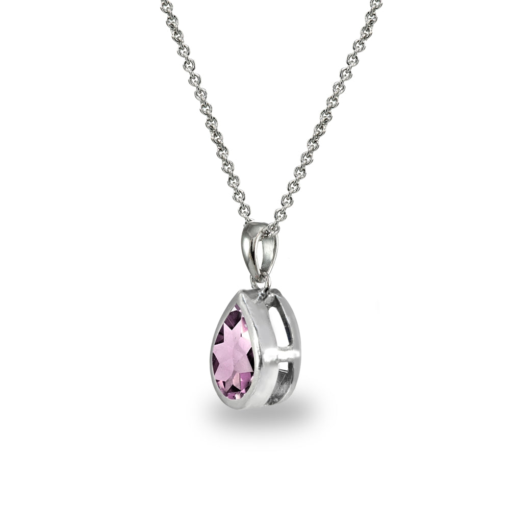 Sterling Silver Created Alexandrite 8x6mm Teardrop Bezel-Set Dainty Pendant Necklace-2