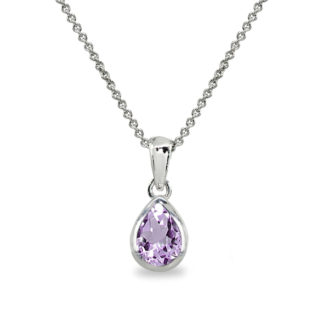 Sterling Silver Amethyst 8x6mm Teardrop Bezel-Set Dainty Pendant Necklace