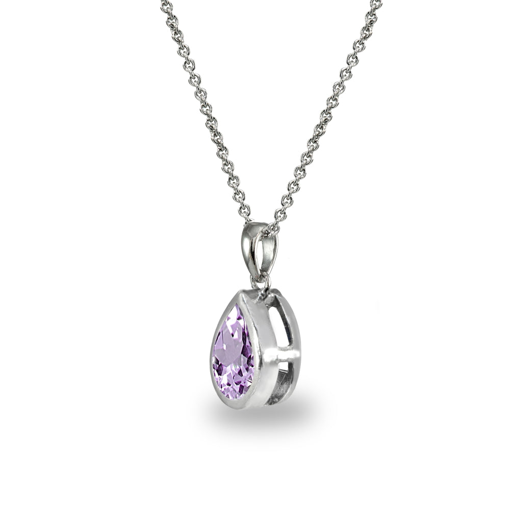 Sterling Silver Amethyst 8x6mm Teardrop Bezel-Set Dainty Pendant Necklace-2