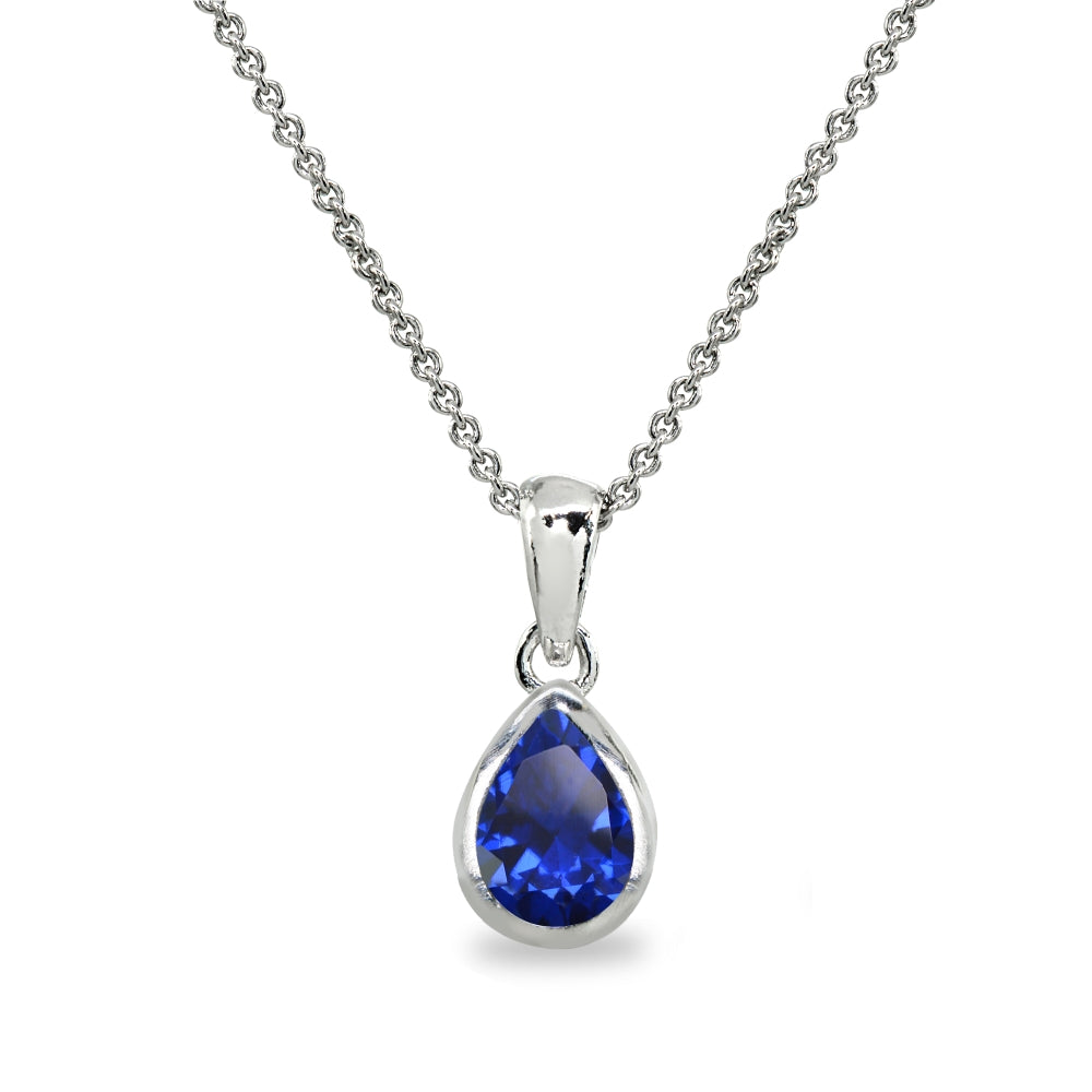 Sterling Silver Created Blue Sapphire 8x6mm Teardrop Bezel-Set Dainty Pendant Necklace