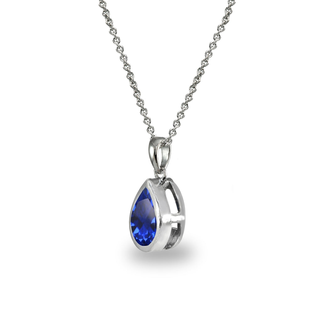 Sterling Silver Created Blue Sapphire 8x6mm Teardrop Bezel-Set Dainty Pendant Necklace-2