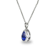 Sterling Silver Created Blue Sapphire 8x6mm Teardrop Bezel-Set Dainty Pendant Necklace