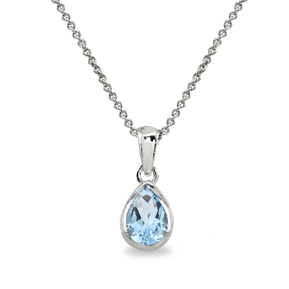 Sterling Silver Blue Topaz 8x6mm Teardrop Bezel-Set Dainty Pendant Necklace