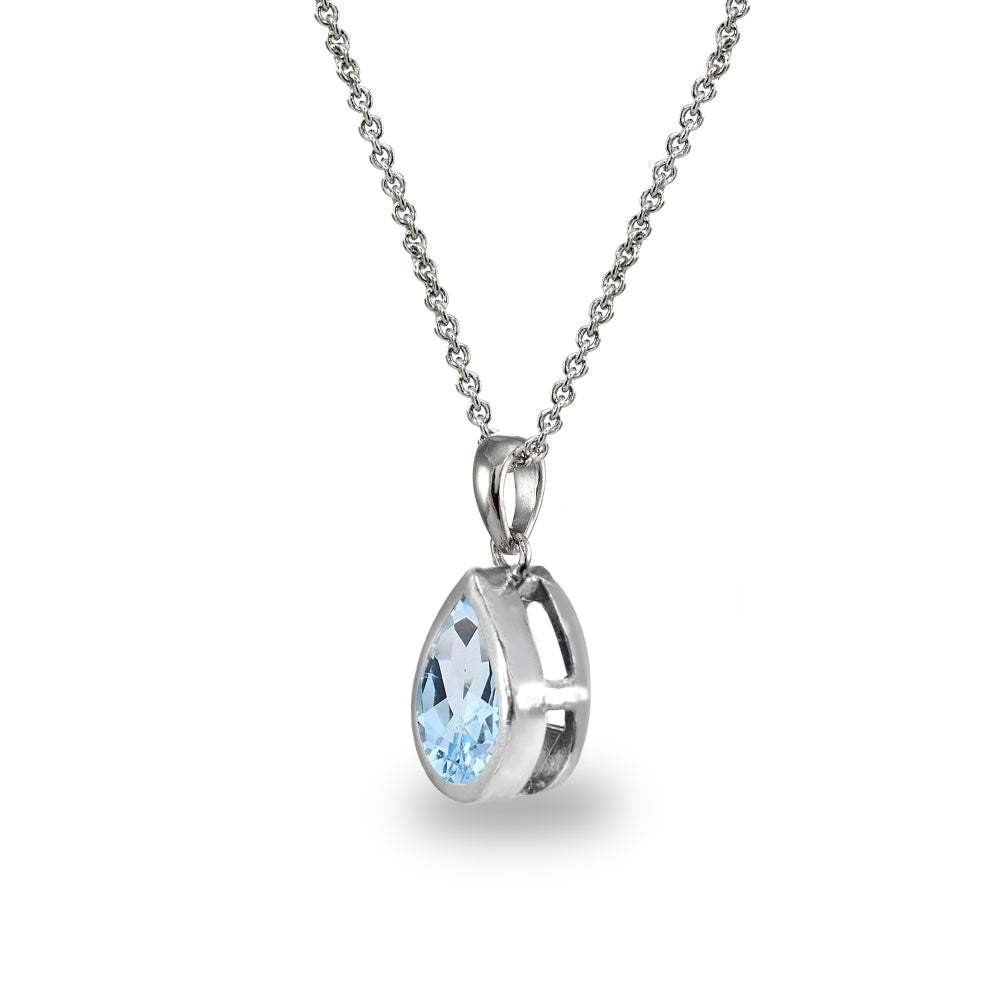 Sterling Silver Blue Topaz 8x6mm Teardrop Bezel-Set Dainty Pendant Necklace-2
