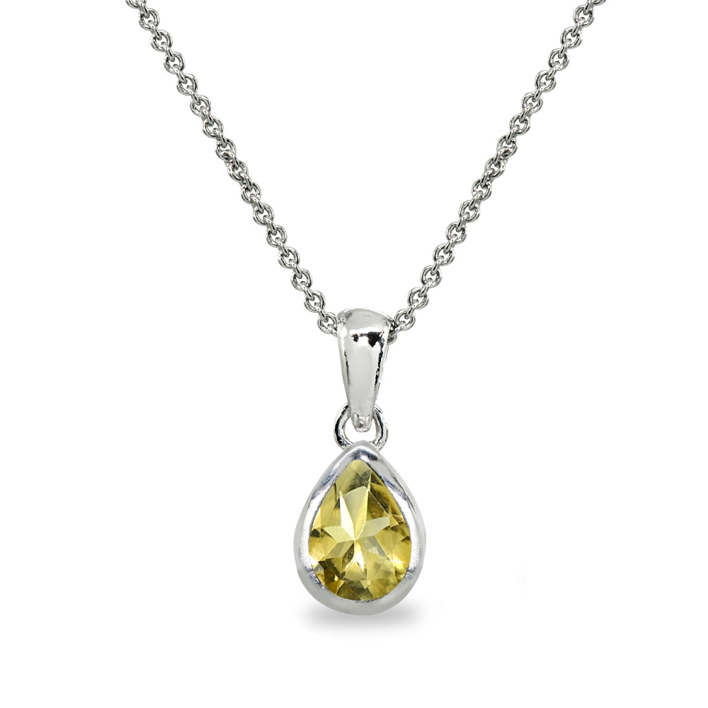 Sterling Silver Citrine 8x6mm Teardrop Bezel-Set Dainty Pendant Necklace