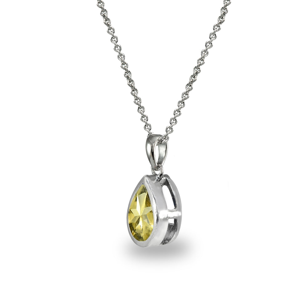 Sterling Silver Citrine 8x6mm Teardrop Bezel-Set Dainty Pendant Necklace-2