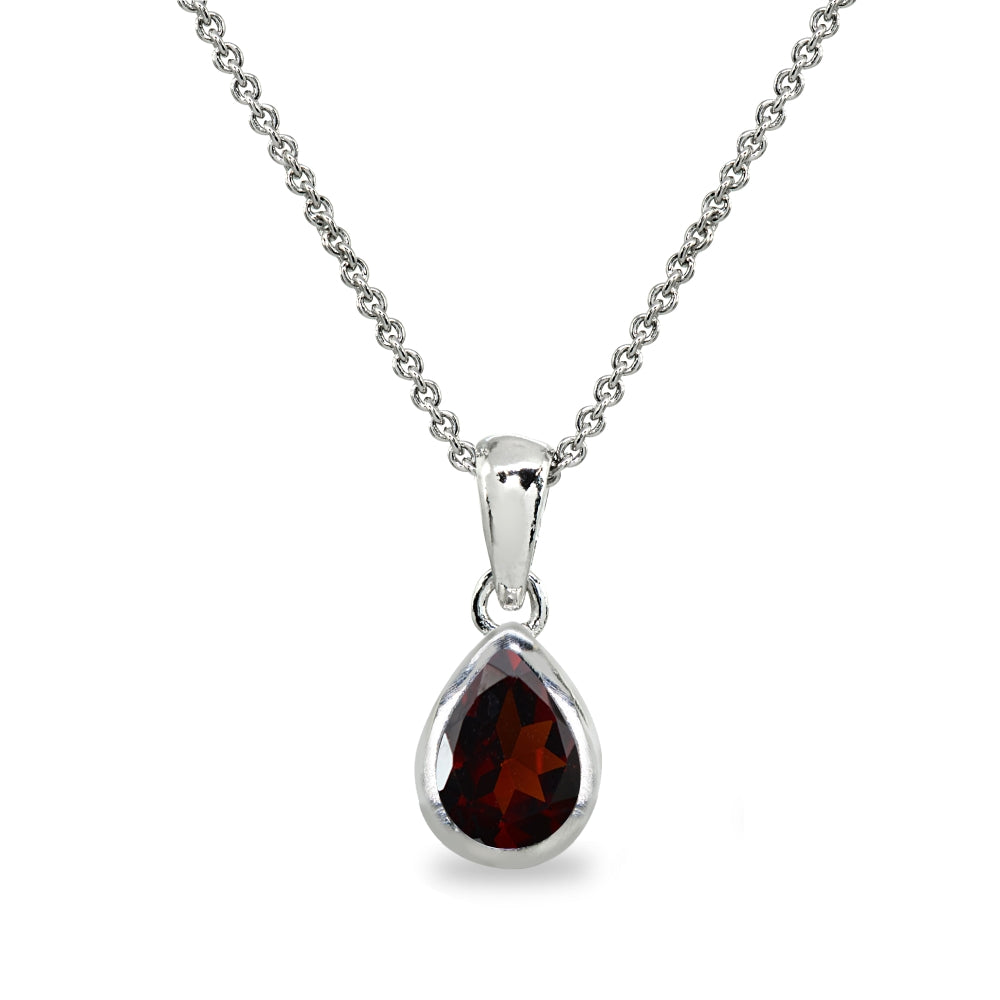 Sterling Silver Garnet 8x6mm Teardrop Bezel-Set Dainty Pendant Necklace