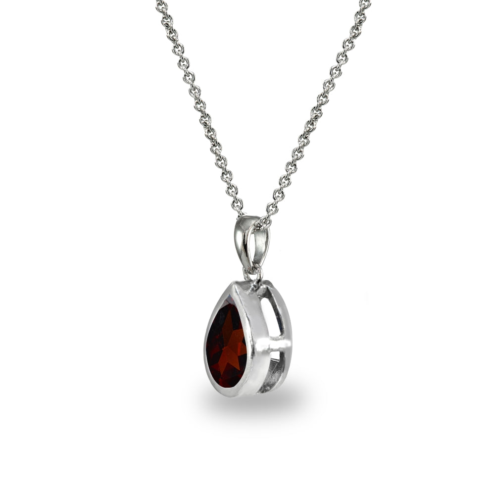 Sterling Silver Garnet 8x6mm Teardrop Bezel-Set Dainty Pendant Necklace-2