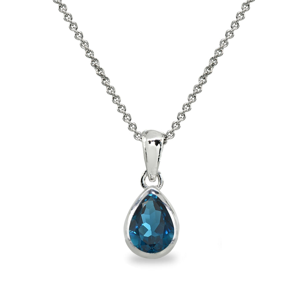 Sterling Silver London Blue Topaz 8x6mm Teardrop Bezel-Set Dainty Pendant Necklace