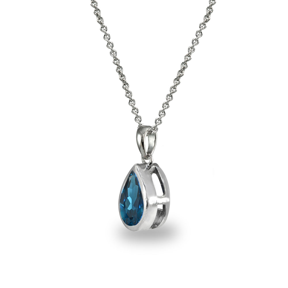 Sterling Silver London Blue Topaz 8x6mm Teardrop Bezel-Set Dainty Pendant Necklace-2