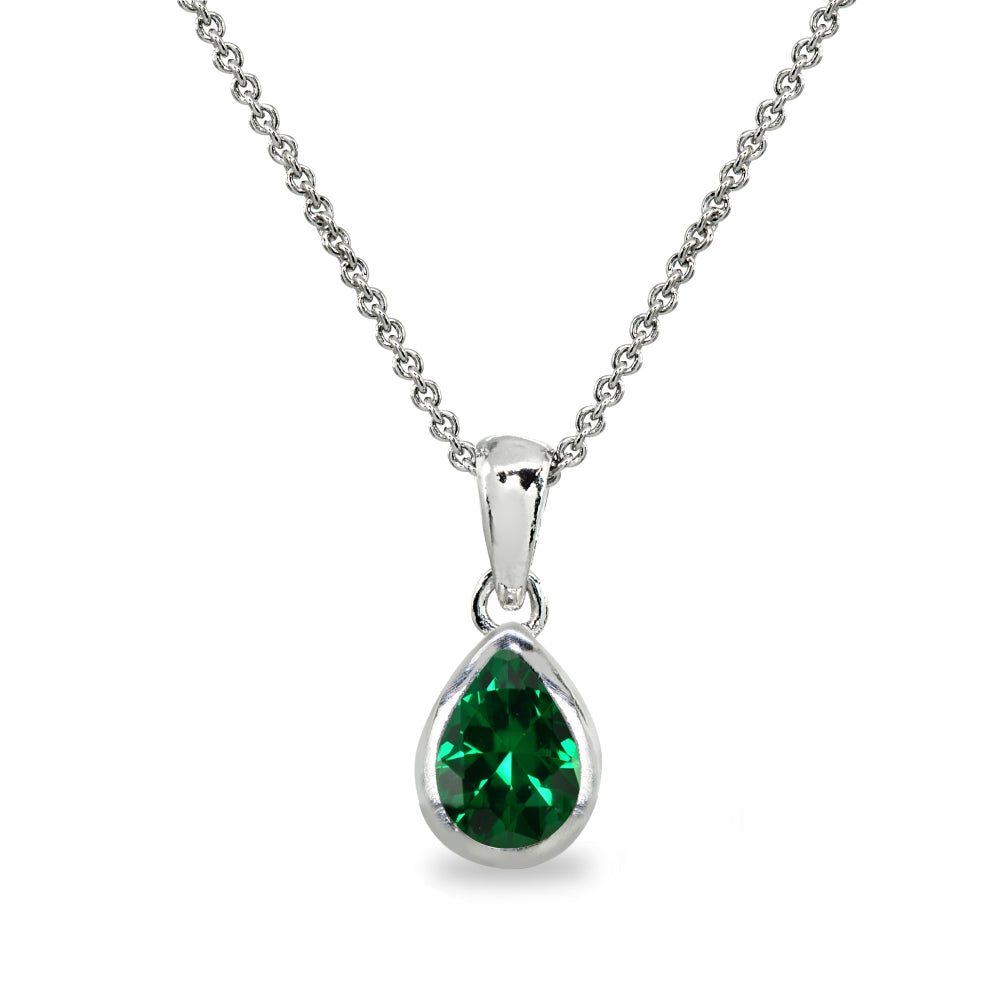 Sterling Silver Simulated Emerald 8x6mm Teardrop Bezel-Set Dainty Pendant Necklace