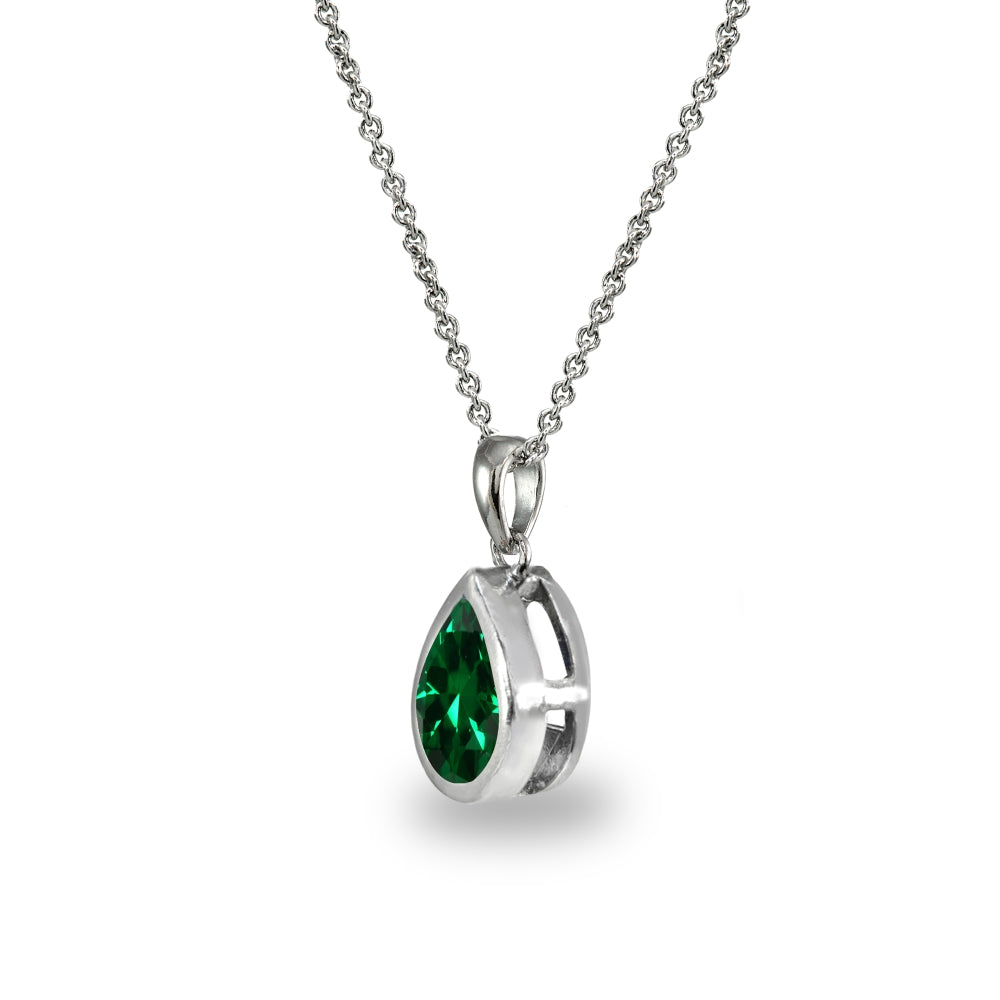 Sterling Silver Simulated Emerald 8x6mm Teardrop Bezel-Set Dainty Pendant Necklace-2