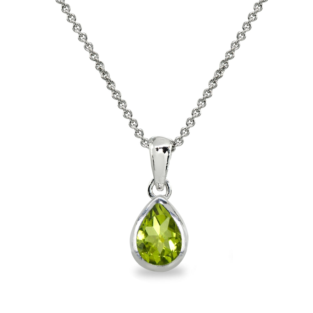 Sterling Silver Peridot 8x6mm Teardrop Bezel-Set Dainty Pendant Necklace