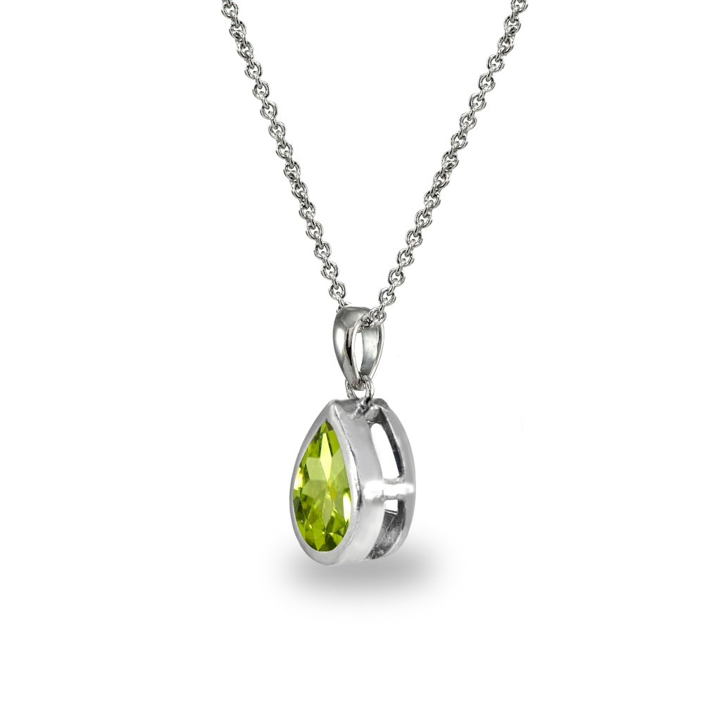 Sterling Silver Peridot 8x6mm Teardrop Bezel-Set Dainty Pendant Necklace-2
