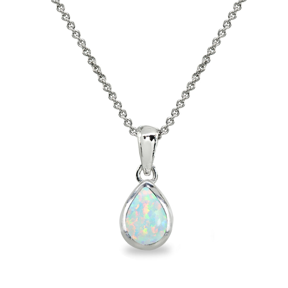 Sterling Silver Created White Opal 8x6mm Teardrop Bezel-Set Dainty Pendant Necklace