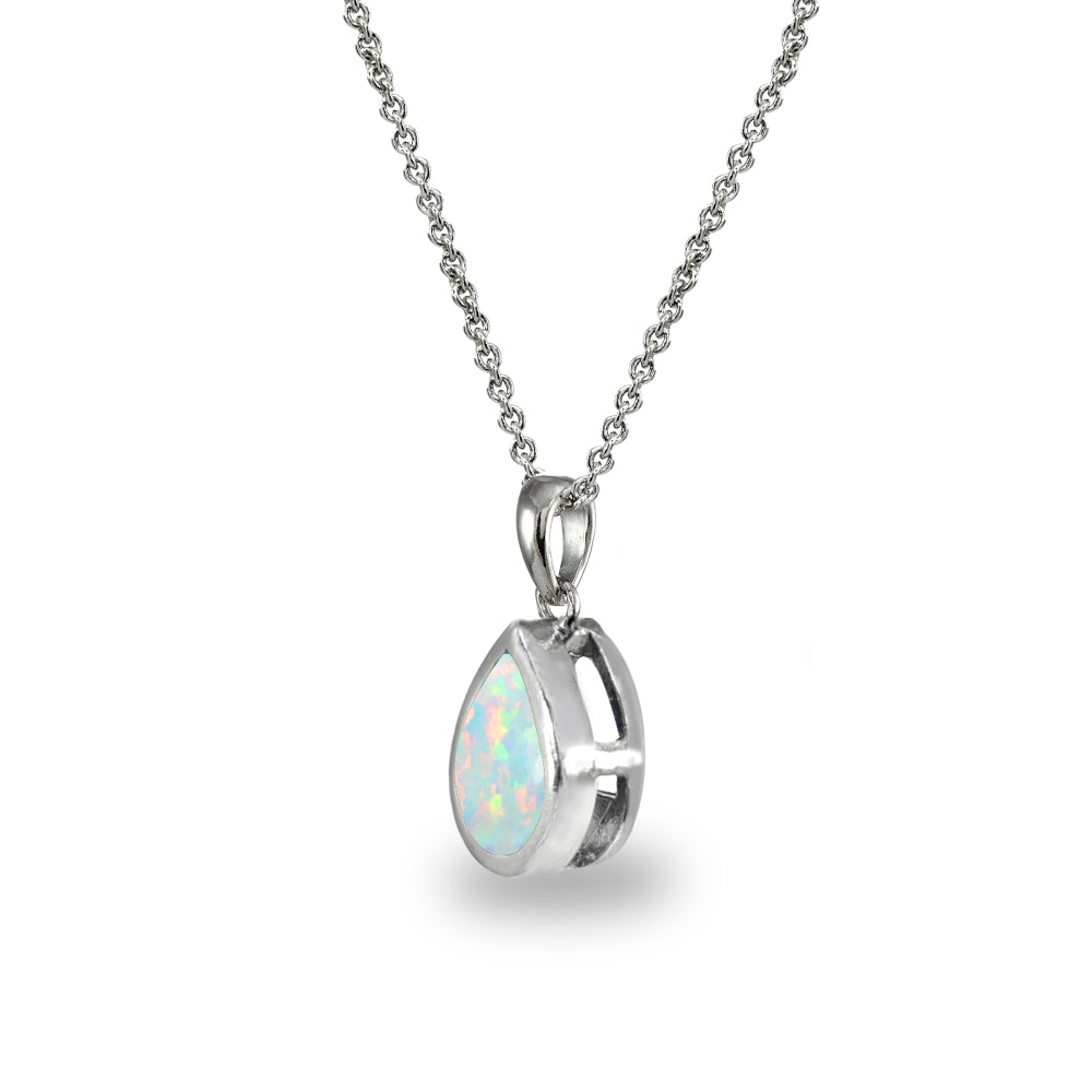 Sterling Silver Created White Opal 8x6mm Teardrop Bezel-Set Dainty Pendant Necklace-2