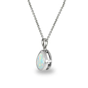 Sterling Silver Created White Opal 8x6mm Teardrop Bezel-Set Dainty Pendant Necklace