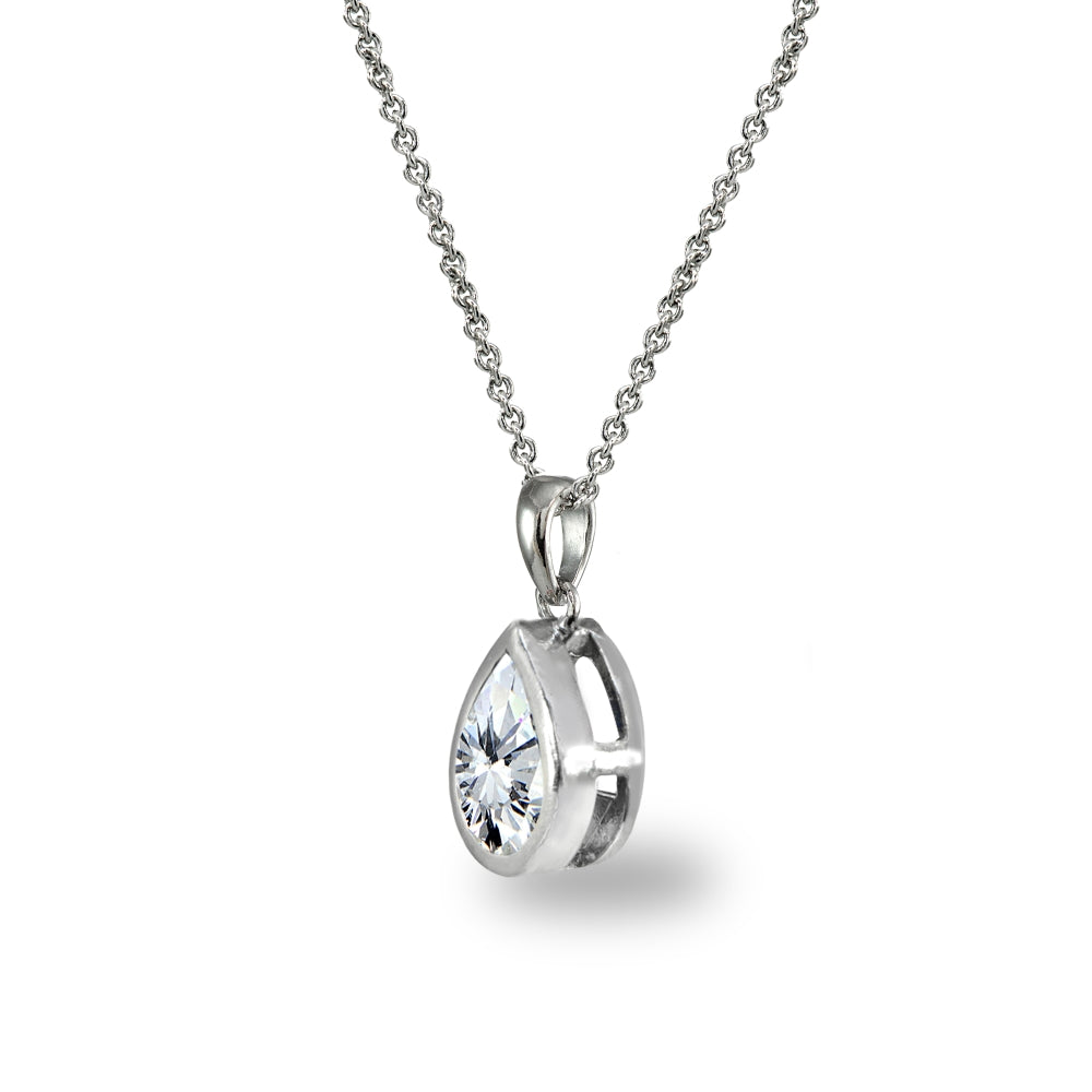 Sterling Silver Cubic Zirconia 8x6mm Teardrop Bezel-Set Dainty Pendant Necklace