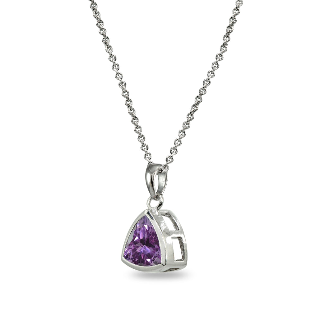 Sterling Silver Created Alexandrite 8mm Trillion Bezel-Set Pendant Necklace-2