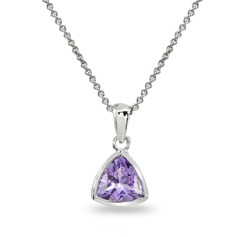 Sterling Silver Amethyst 8mm Trillion Bezel-Set Dainty Pendant Necklace