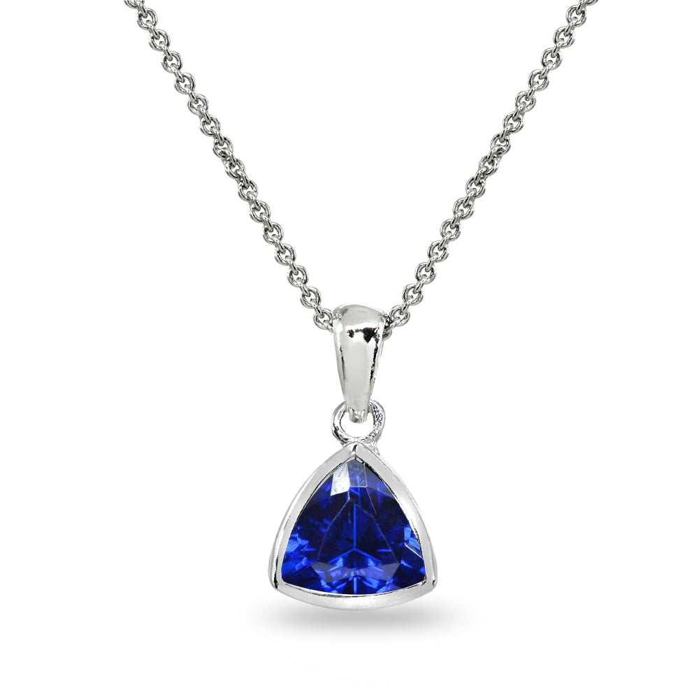 Sterling Silver Created Blue Sapphire 8mm Trillion Bezel-Set Pendant Necklace