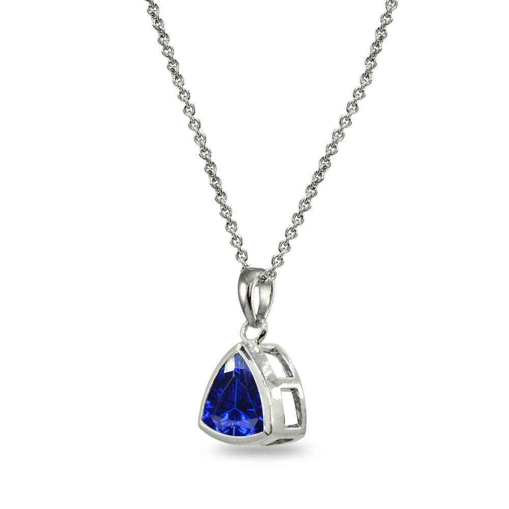 Sterling Silver Created Blue Sapphire 8mm Trillion Bezel-Set Pendant Necklace-2