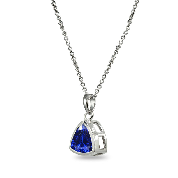 Sterling Silver Created Blue Sapphire 8mm Trillion Bezel-Set Pendant Necklace